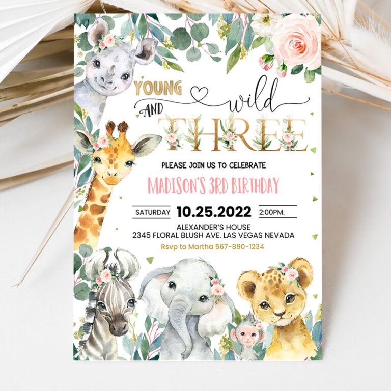 3 EDITABLE Safari Birthday Invitation Girl Young Wild and Three Birthday Invite 3rd Jungle Animals invite Printable Template