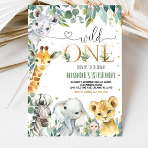 3 EDITABLE Safari Birthday Invitation Wild One 1st Birthday Invite Gold Jungle Animals invitations Printable template