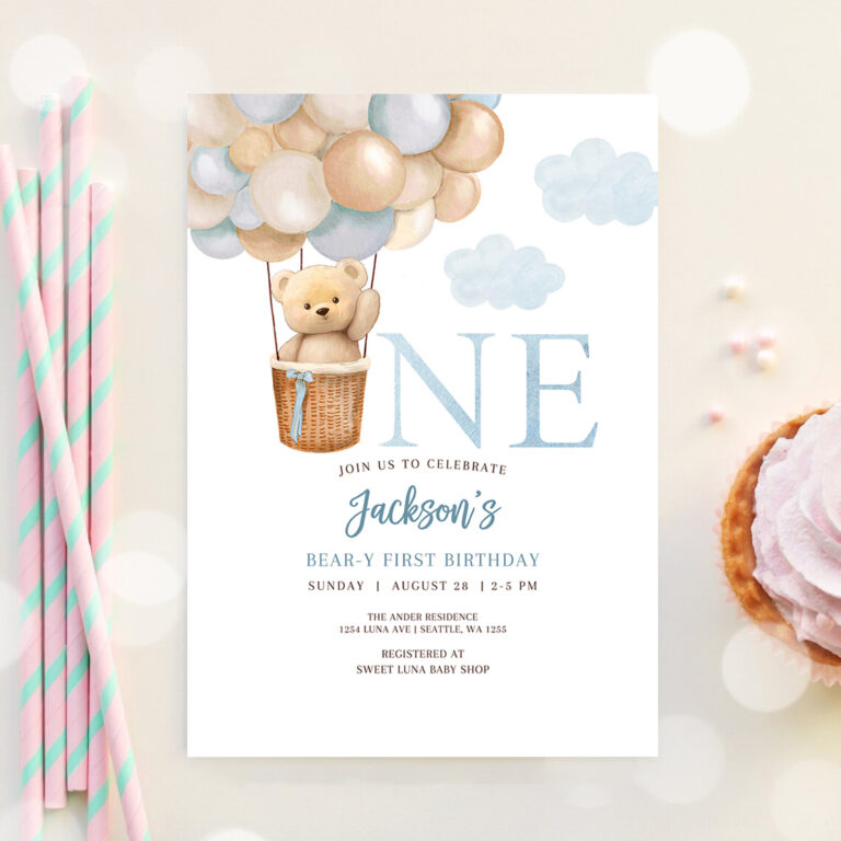 3 Editable 1st Birthday Boy Teddy Bear Hot Air Balloon Birthday Invitation Beary 1st Birthday Invite Printable