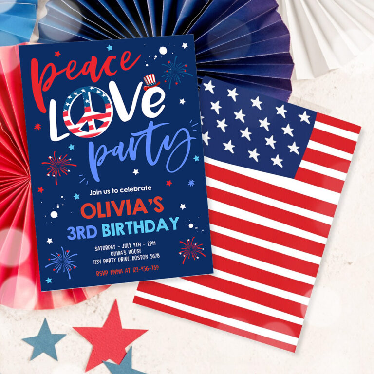 3 Editable 4th Of July Birthday Party Invitation Peace Love Party 4th Of July Birthday Memorial Day Independence Day Blue Party