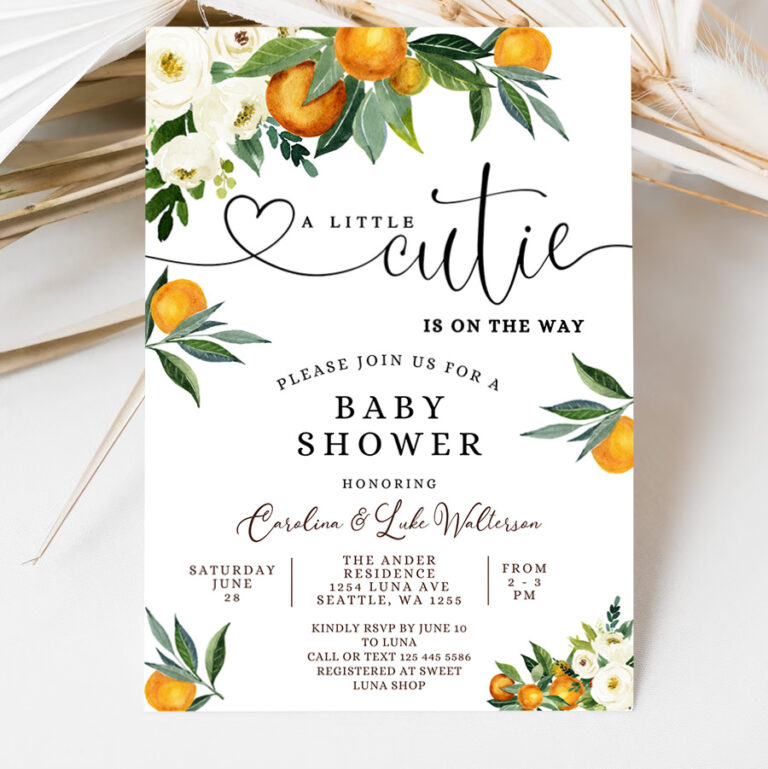 3 Editable A Little Cutie is on the Way Greenery Orange Gender Neutral Couples Baby Shower Invitation Invites Template