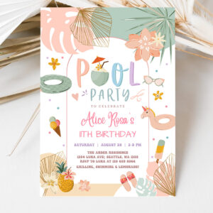 3 Editable ANY AGE Girl Tropical Pool Party Birthday Invitation Modern Simple Chic Pool Party Birthday Invite