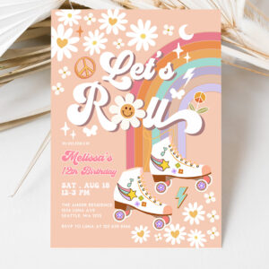 3 Editable ANY AGE Lets Roll Retro Groovy Roller Skate Birthday Party Invitation Daisy Rainbow Birthday Invite