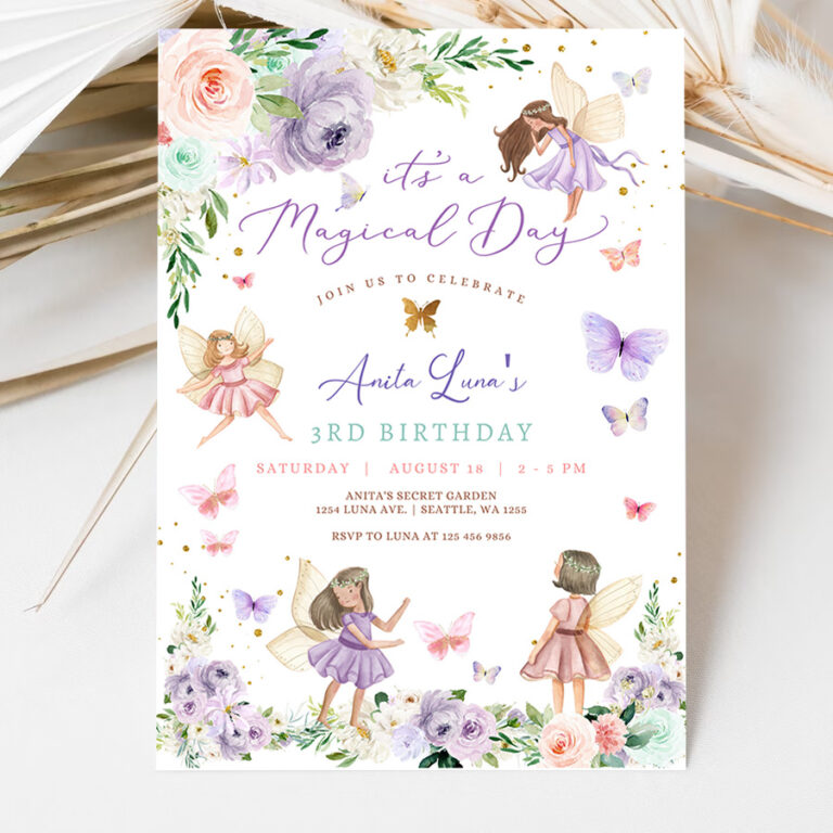 3 Editable ANY AGE Purple Pink Fairy Birthday Invitation Butterfly Magical Wildflower Fairy Fairy Birthday Invite