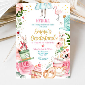 3 Editable Alice In Wonderland Birthday Party Invitation Girl First Birthday 1st Onederland Tea Party Pink Printable Template Corjl Digital 0350 1