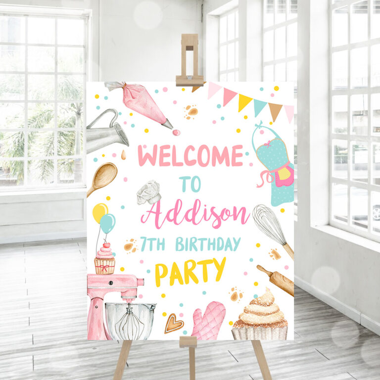 3 Editable Baking Birthday Party Welcome Sign Cooking Birthday Welcome Pink Girl Little Chef Cupcake Decorating Template PRINTABLE Corjl 0364 1