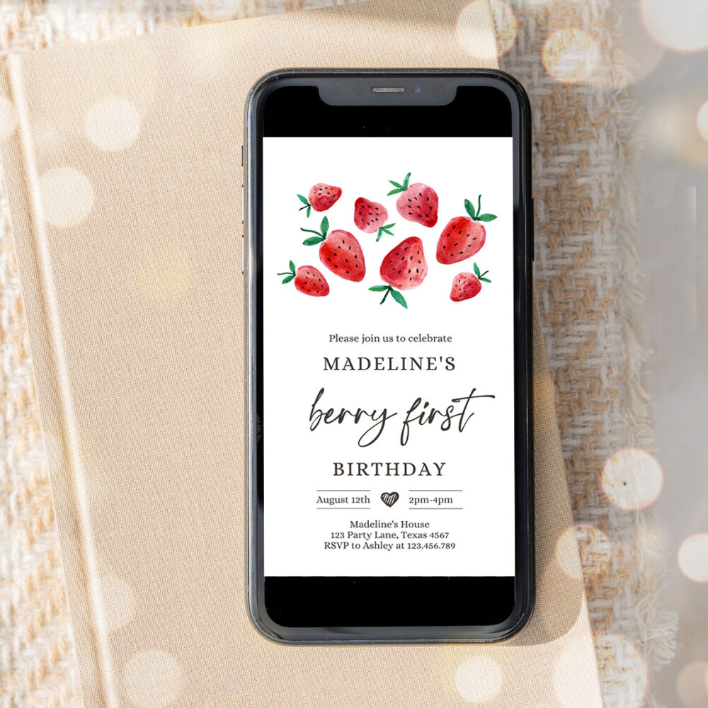 3 Editable Berry First Birthday Evite Party Electronic Strawberry Birthday Berry Sweet Strawberries 1st Digital Phone Template Corjl Digital 0399 1
