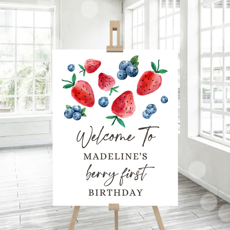 3 Editable Berry First Birthday Welcome Sign Strawberry Blueberry Party Welcome Farmers Market Girl Watercolor Template PRINTABLE Corjl 0399 1