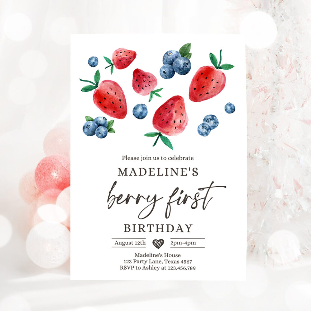 3 Editable Berry Sweet Birthday Invitation Blueberry Strawberry Picking Party Farmers Market Twin Printable Template Corjl Digital 0399 1