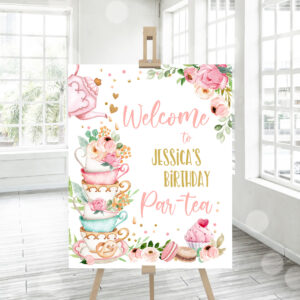 3 Editable Birthday Tea Party Welcome Sign Birthday Par tea Floral Pink Gold Whimsical Girl Shower Garden Party Template PRINTABLE Corjl 0349 1