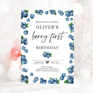 3 Editable Blueberry Party Birthday Invitation First Birthday Berry Sweet Boy Cute Blueberries 1st Download Printable Template Corjl Digital 0399 1