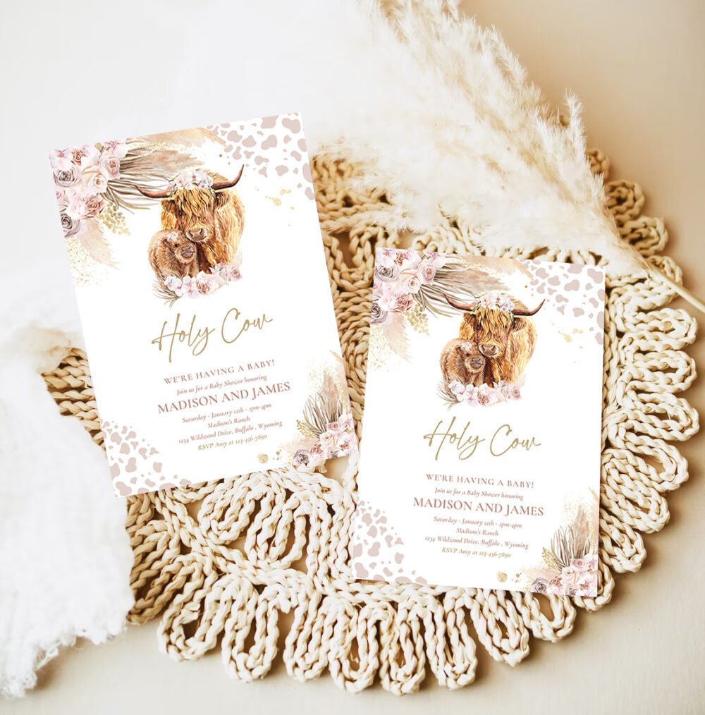 3 Editable Boho Cow Baby Shower Invitation Holy Cow Were Having A Baby Pink Pampas Grass Boho Highland Cow Baby Shower Instant Download K4 1