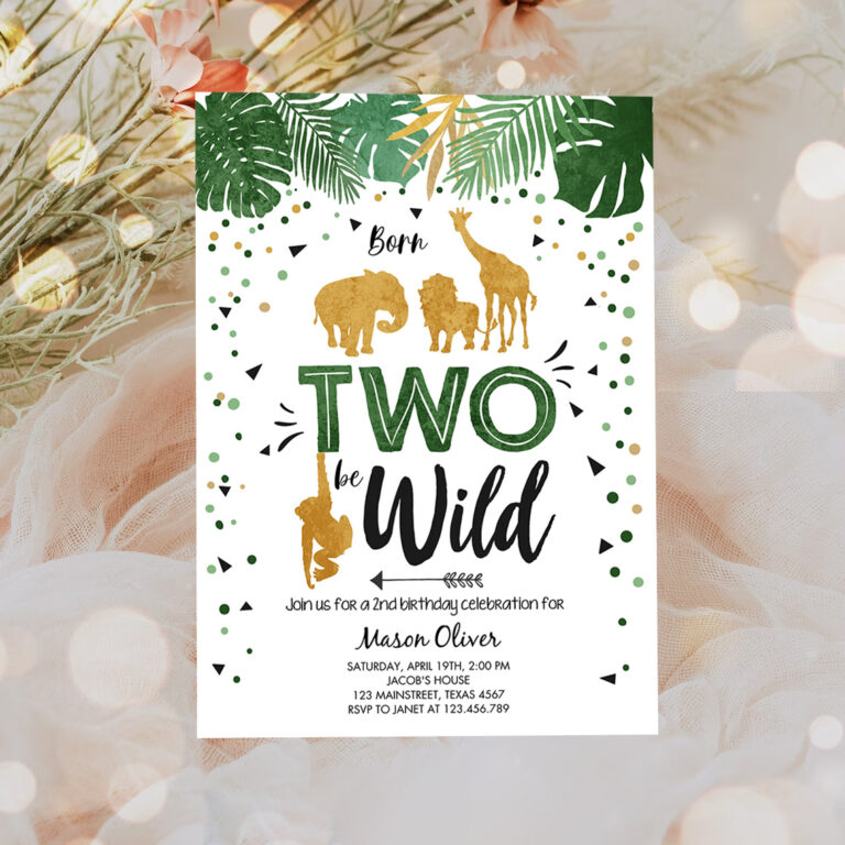 3 Editable Born Two Be Wild Birthday Invitation Boy Animals Jungle Safari Green Gold 2nd Birthday Download Printable Template Corjl 0016 1