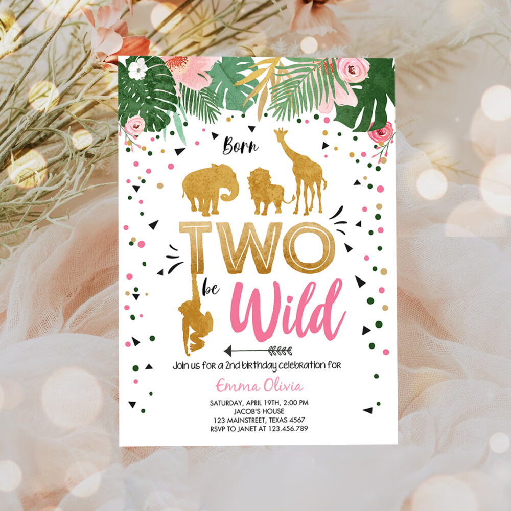 3 Editable Born Two Be Wild Birthday Invitation Girl Animals Jungle Safari Pink Gold 2nd Birthday Download Printable Template Corjl 0016 1