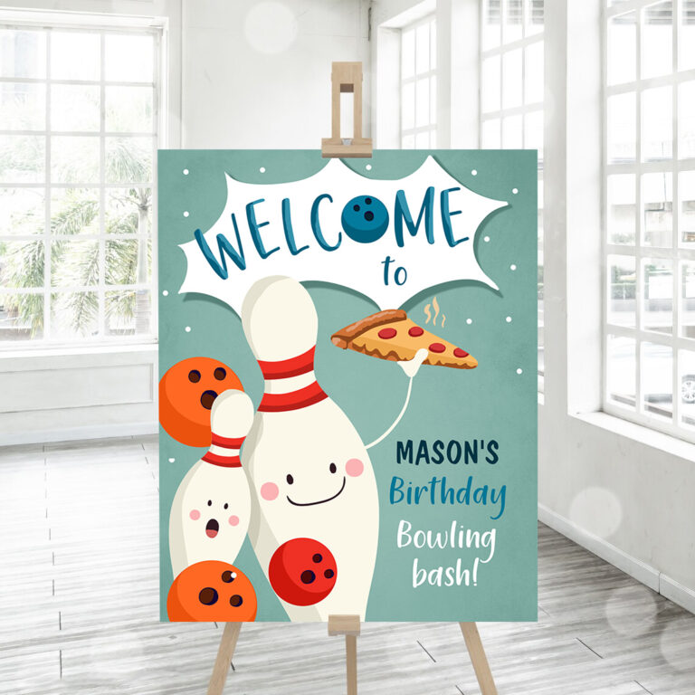 3 Editable Bowling Birthday Welcome Sign Strike Up Some Fun Boy Bowling Party Pizza Welcome Poster Blue Orange Template PRINTABLE Corjl 0324 1