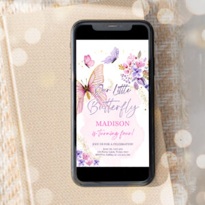 3 Editable Butterfly Birthday Evite Girl Purple Butterfly Invite 1st Birthday Party Floral Pink Phone Download Digital Template Corjl 0437 1