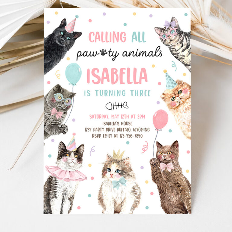 3 Editable Calling All Paw ty Animals Kitten Birthday Party Invitation Cat Birthday Party Lets Pawty Kitty Cat Party