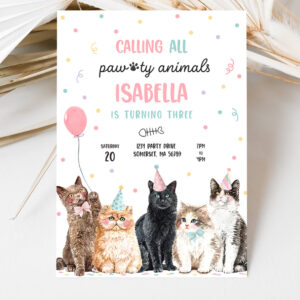3 Editable Calling All Pawty Animals Kitten Birthday Party Invitation Cat Birthday Party Lets Pawty Kitty Cat Party