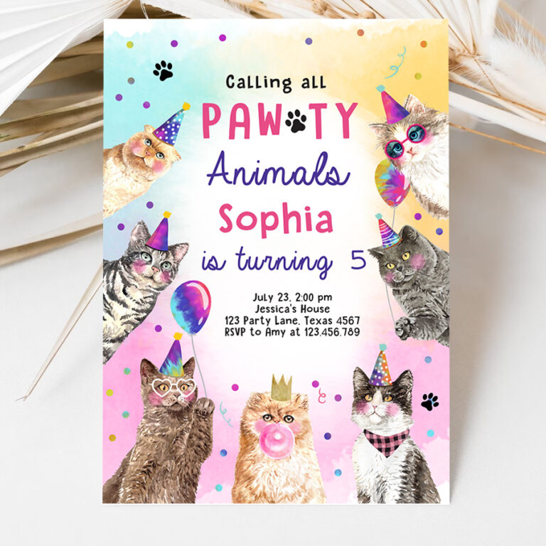 3 Editable Cat Birthday Party Invitation Kitten Birthday Invite Calling All Pawty Animals Party Animals Download Printable Template