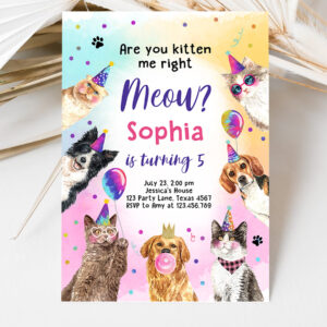 3 Editable Cat Birthday Party Invitation Kitten Birthday Invite Kitten me Right Meow Invite Party Animals Girl Download Template Corjl 0460 1