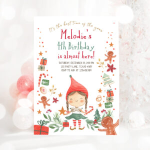 3 Editable Christmas Birthday Party Invitation Elf Birthday Invite Winter Best Time of The Year Girl Pink Gold Printable Template DIY 0358 1