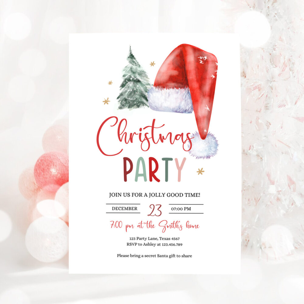 3 Editable Christmas Party Invitation Holiday Santa Hat Christmas Invitation Christmas Birthday Tree Corjl Template Download Printable 0444 1