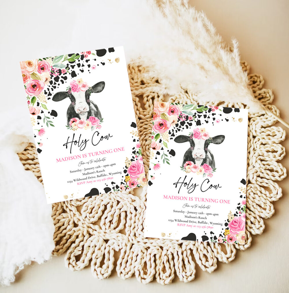 3 Editable Cow Birthday Party Invitation Holy Cow Im One Birthday Party Pink Floral Farm Cow 1st Birthday Party