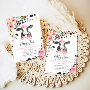 3 Editable Cow Birthday Party Invitation Holy Cow Im One Birthday Party Pink Floral Farm Cow 1st Birthday Party