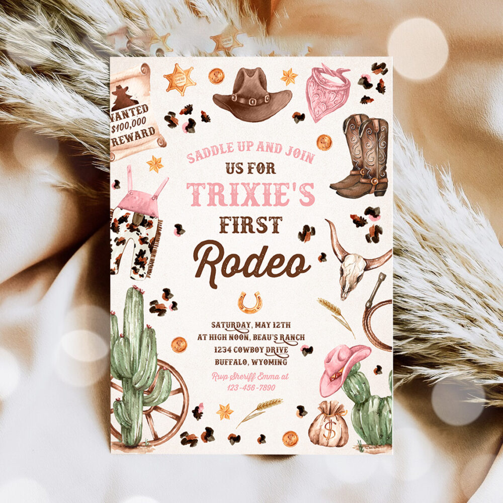 3 Editable Cowgirl Birthday Party Girl Invitation Wild West Cowgirl 1st Rodeo Birthday Party Southwestern Ranch Birthday Party