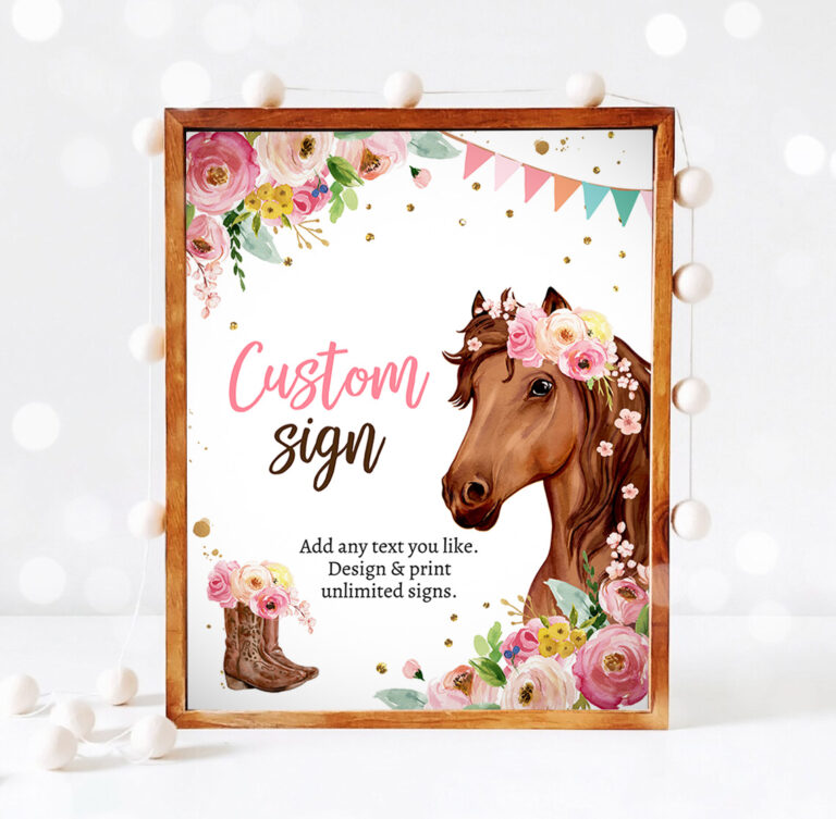 3 Editable Custom Horse Birthday Party Custom Sign Saddle Up Cowgirl Party Sign Pink Horse Floral Girl Table Sign 8x10 Corjl Template Printable 0408 1