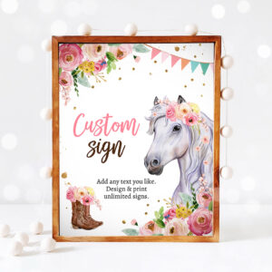 3 Editable Custom Horse Birthday Sign Saddle Up Cowgirl Party Sign Pink Horse Floral Girl Table Sign 8x10 Corjl Template Printable 0408 1