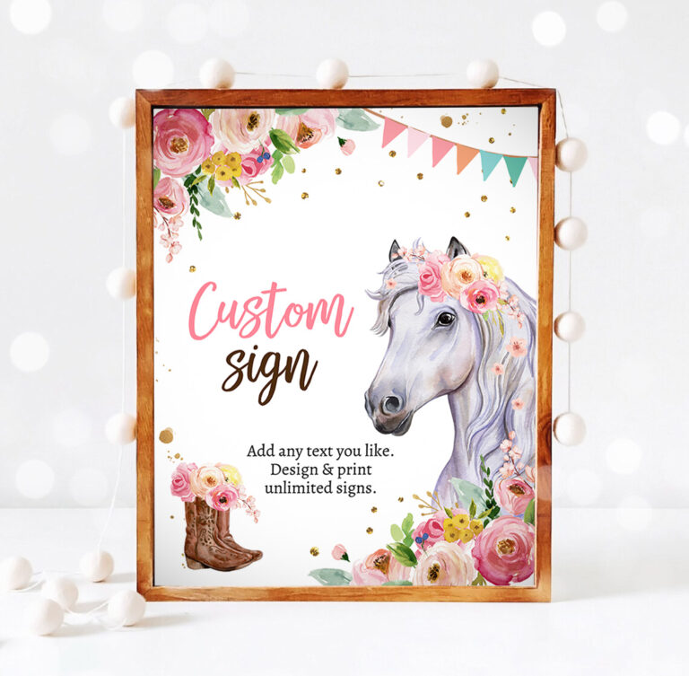 3 Editable Custom Horse Birthday Sign Saddle Up Cowgirl Party Sign Pink Horse Floral Girl Table Sign 8x10 Corjl Template Printable 0408 1