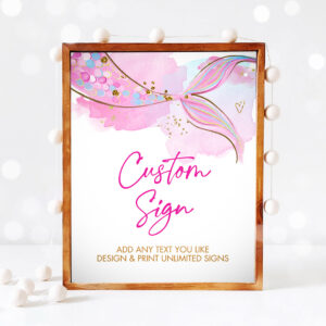 3 Editable Custom Sign Mermaid Tail Watercolor Pink Aqua Girl Birthday Shower Table Sign Decoration 8x10 Download Printable 0403 1