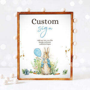 3 Editable Custom Sign Peter Rabbit Birthday Decor Table Sign Peter Rabbit Shower Rustic Boy Blue Download Corjl Template Printable 8x10 0351 1
