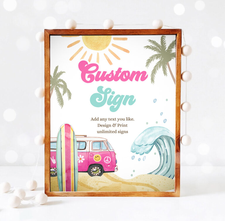 3 Editable Custom Sign Surf Birthday Party Sign Girl The Big One Surfs Up Birthday Sign Beach Party Retro Wave Template Corjl PRINTABLE 0433 1