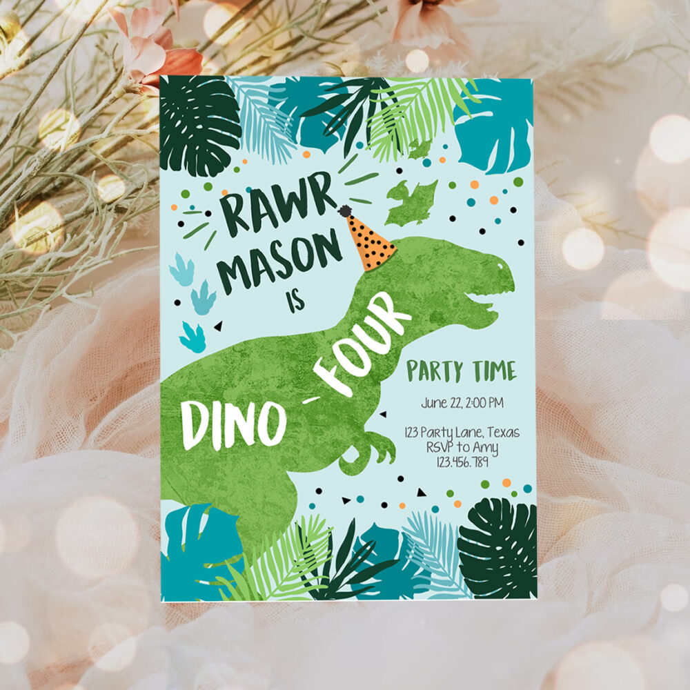 3 Editable Dino Four Dinosaur Birthday Invitation Dino T Rex 4th Birthday Fourth Rawr Boy Green Blue Prehistoric Printable Corjl Template 0389 1