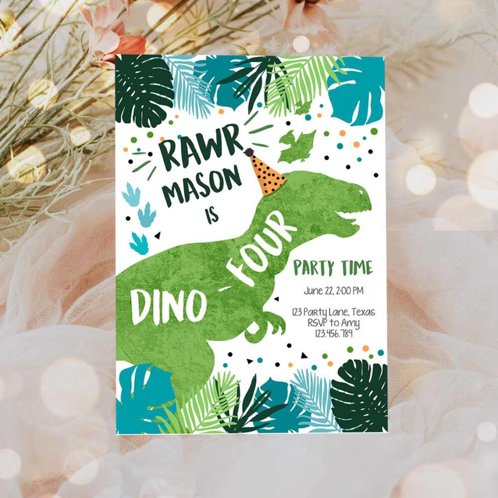 3 Editable Dino Four Dinosaur Birthday Party Invitation Dino T Rex 4th Birthday Fourth Rawr Boy Green Blue Prehistoric Printable Corjl Template 0389 1