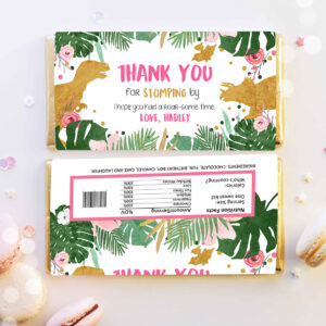 3 Editable Dinosaur Chocolate Bar Labels Candy Bar Wrapper Safari Tropical Gold Pink Girl Birthday Download Corjl Template Printable 0146 1