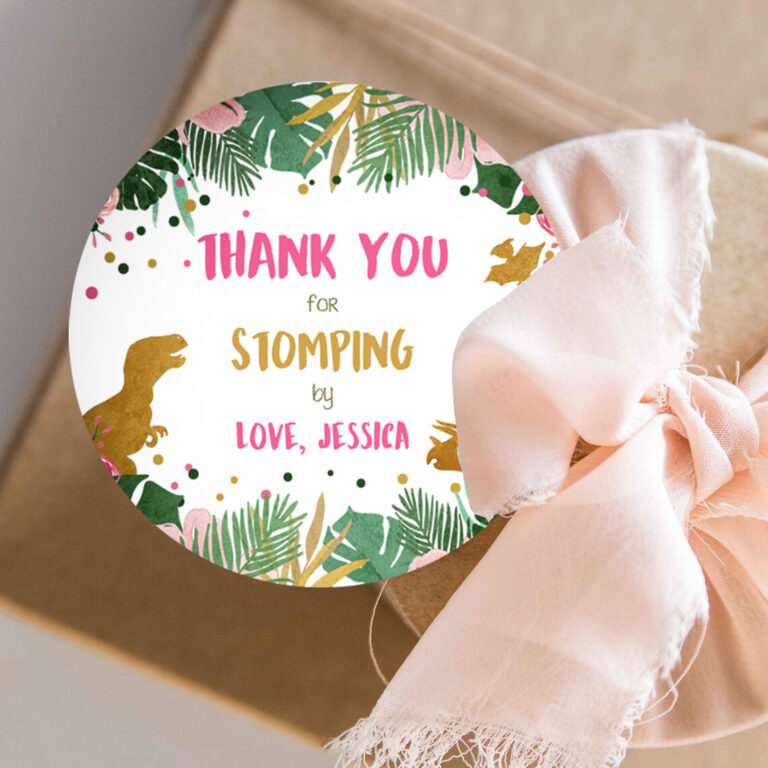 3 Editable Dinosaur Favor Tags Gift Tag Girl Pink Gold Thank You for Stomping By Tag Birthday Round Square T Rex Corjl Template Printable 0146 1