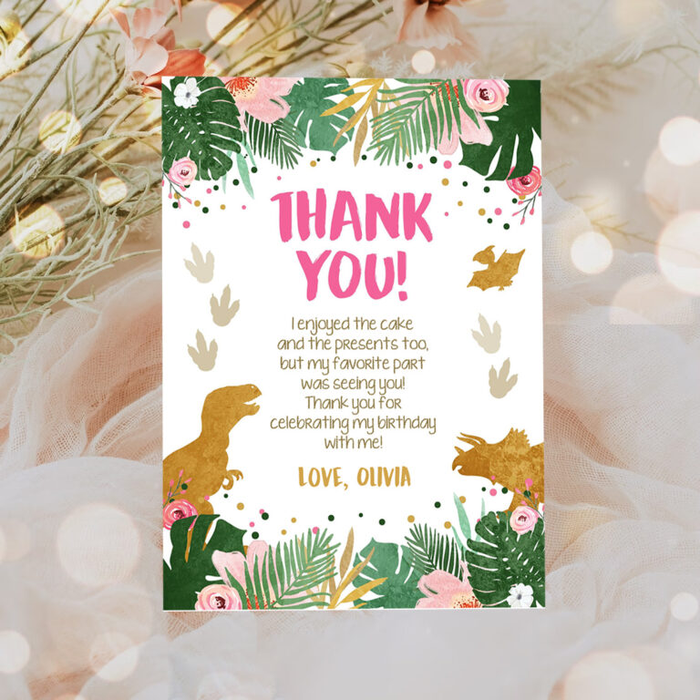 3 Editable Dinosaur Thank You Card Birthday Note Pink Gold Girl Dino Party T Rex Instant Download Printable Corjl Template Digital 0146 1