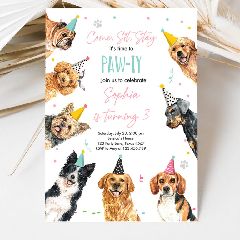 3 Editable Dog Birthday Party Invitation Puppy Birthday Pink Girl Doggy Shelter Animal Pet Party Invitation
