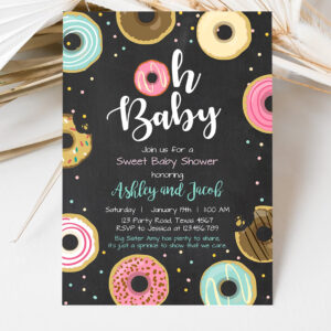 3 Editable Donut Baby Shower Invitation Oh Baby Coed Shower Doughnut Sweet Chalk Gender Neutral Pink Girl Corjl Template Printable 0050 1