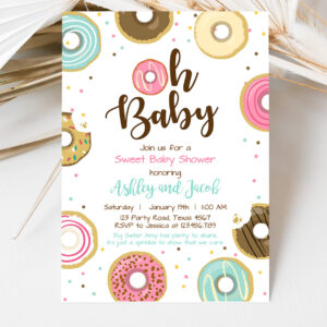 3 Editable Donut Baby Shower Invitation Oh Baby Coed Shower Doughnut Sweet Gender Neutral Pink Girl Download Corjl Template Printable 0050 1