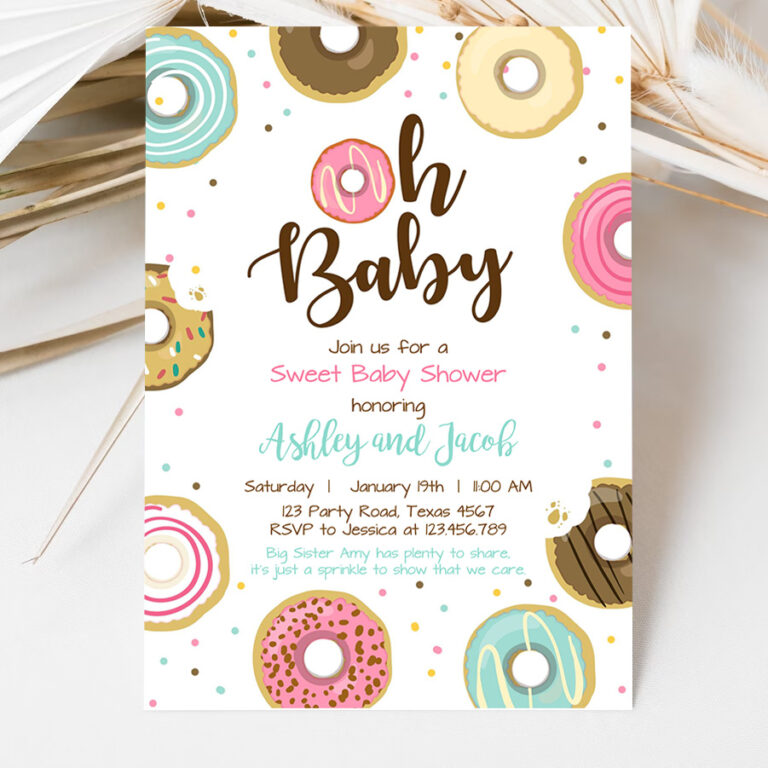3 Editable Donut Baby Shower Invitation Oh Baby Coed Shower Doughnut Sweet Gender Neutral Pink Girl Download Corjl Template Printable 0050 1