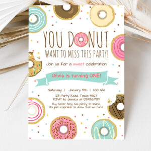 3 Editable Donut Birthday Invitation You Donut Want To Miss This Girl Pink Sweet Doughnut First Birthday 1st Donut Grow Up Corjl Template 0050 1