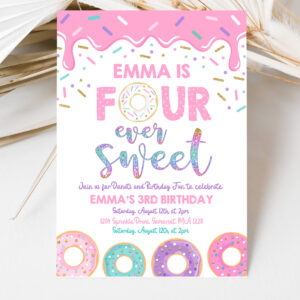 3 Editable Donut Four Ever Sweet Birthday Invitation Girl Donut 4th Birthday Party Pink Donut Birthday Party