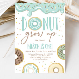3 Editable Donut Grow Up Birthday Invitation First Birthday Party Blue Boy Doughnut 1st Pastel Instant Download Printable Template
