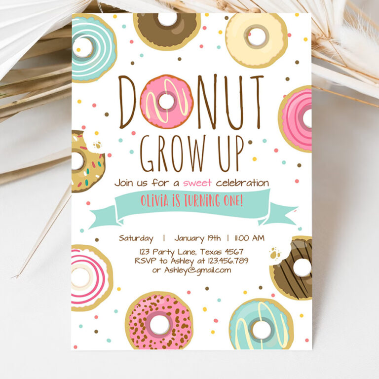 3 Editable Donut Grow Up Birthday Invitation First Birthday Party Pink Girl Doughnut Sweet Digital Download Printable Template