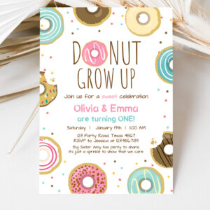3 Editable Donut Grow Up Birthday Invitation Twin First Birthday Party Pink Girl Twins Doughnut Sweet Download Printable Template Corjl 0050 1