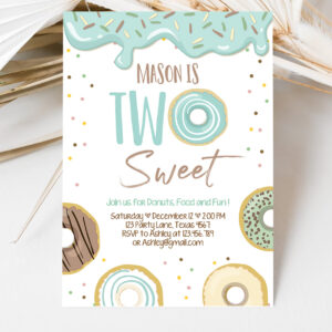 3 Editable Donut Two Sweet Birthday Invitation Second Birthday Party Blue Boy Doughnut 2nd Pastel Download Printable Template Corjl 0320 1